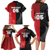 New Zealand And England Rugby Custom Family Matching Long Sleeve Bodycon Dress and Hawaiian Shirt Red Rose Mix Maori Pattern - Wonder Print Shop