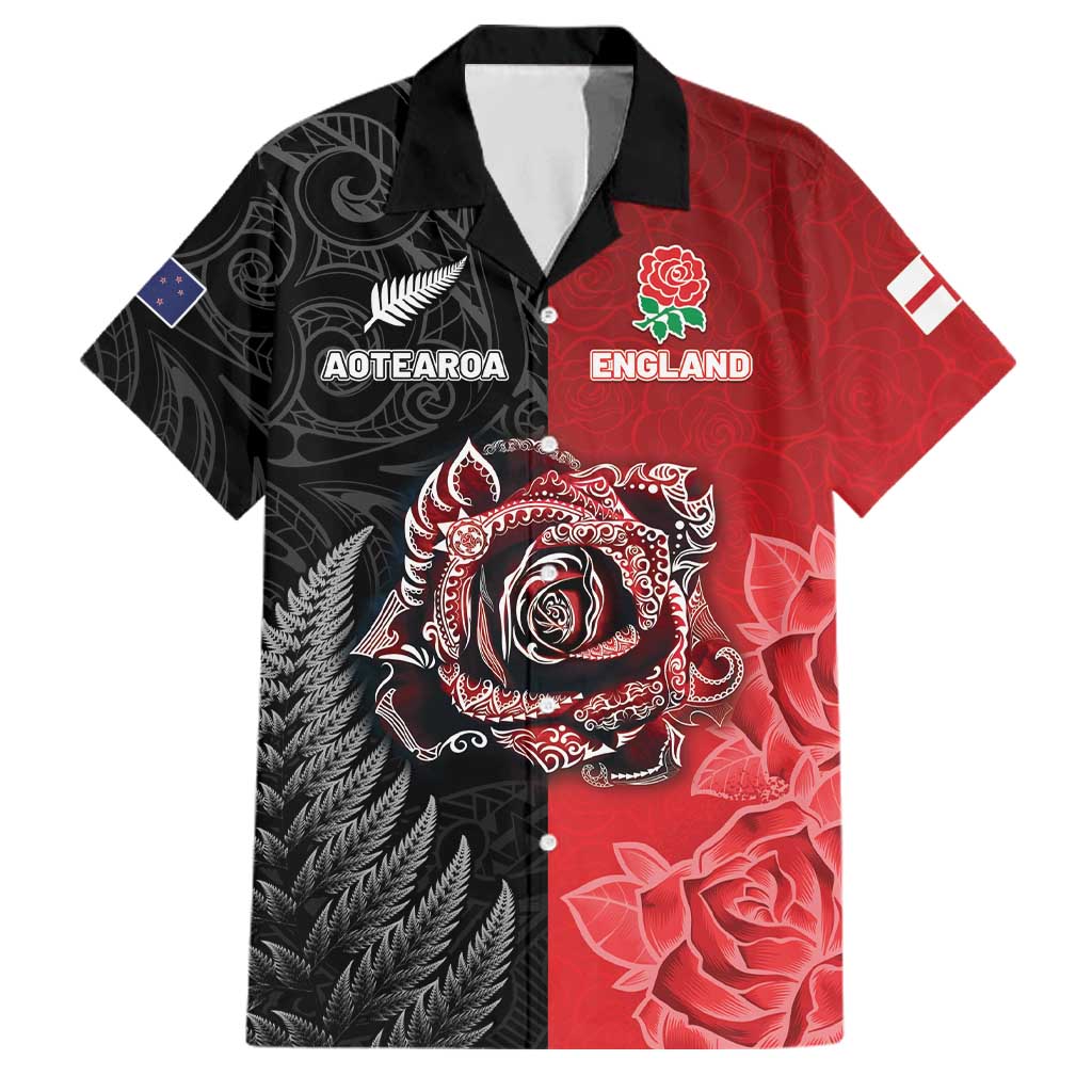New Zealand And England Rugby Custom Family Matching Long Sleeve Bodycon Dress and Hawaiian Shirt Red Rose Mix Maori Pattern - Wonder Print Shop