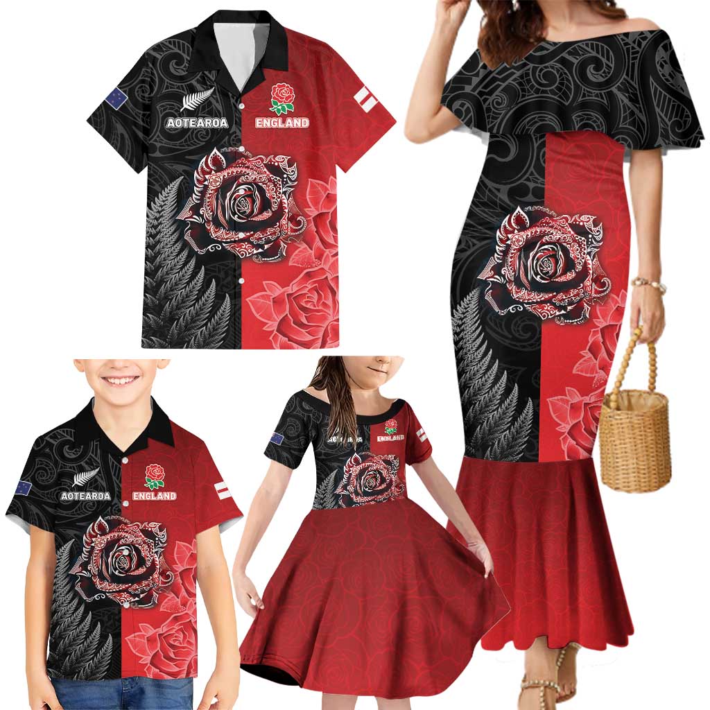 New Zealand And England Rugby Custom Family Matching Mermaid Dress and Hawaiian Shirt Red Rose Mix Maori Pattern - Wonder Print Shop