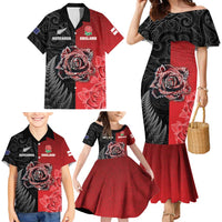 New Zealand And England Rugby Custom Family Matching Mermaid Dress and Hawaiian Shirt Red Rose Mix Maori Pattern - Wonder Print Shop