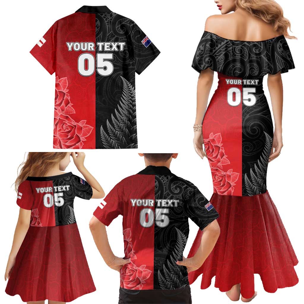 New Zealand And England Rugby Custom Family Matching Mermaid Dress and Hawaiian Shirt Red Rose Mix Maori Pattern - Wonder Print Shop