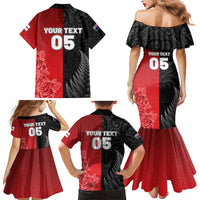 New Zealand And England Rugby Custom Family Matching Mermaid Dress and Hawaiian Shirt Red Rose Mix Maori Pattern - Wonder Print Shop