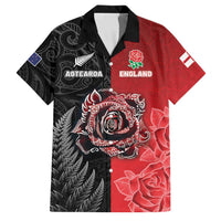 New Zealand And England Rugby Custom Family Matching Mermaid Dress and Hawaiian Shirt Red Rose Mix Maori Pattern - Wonder Print Shop