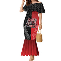 New Zealand And England Rugby Custom Family Matching Mermaid Dress and Hawaiian Shirt Red Rose Mix Maori Pattern - Wonder Print Shop