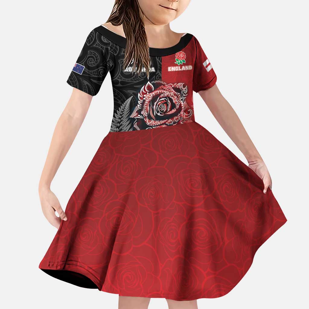 New Zealand And England Rugby Custom Family Matching Off The Shoulder Long Sleeve Dress and Hawaiian Shirt Red Rose Mix Maori Pattern - Wonder Print Shop