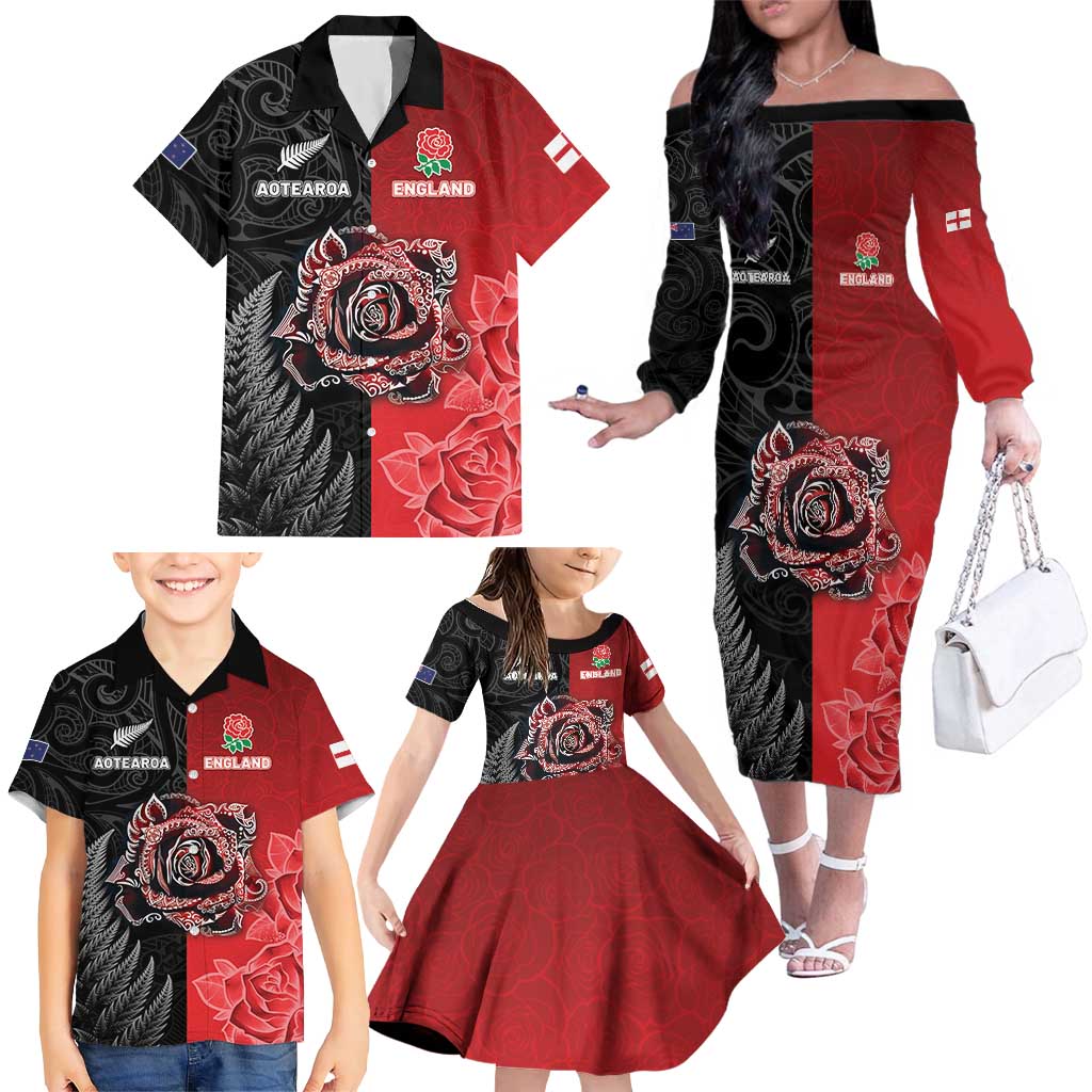 New Zealand And England Rugby Custom Family Matching Off The Shoulder Long Sleeve Dress and Hawaiian Shirt Red Rose Mix Maori Pattern - Wonder Print Shop