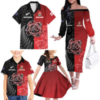 New Zealand And England Rugby Custom Family Matching Off The Shoulder Long Sleeve Dress and Hawaiian Shirt Red Rose Mix Maori Pattern - Wonder Print Shop