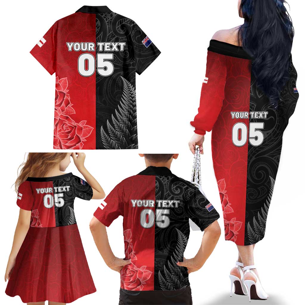 New Zealand And England Rugby Custom Family Matching Off The Shoulder Long Sleeve Dress and Hawaiian Shirt Red Rose Mix Maori Pattern - Wonder Print Shop