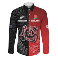 New Zealand And England Rugby Custom Family Matching Off The Shoulder Long Sleeve Dress and Hawaiian Shirt Red Rose Mix Maori Pattern - Wonder Print Shop