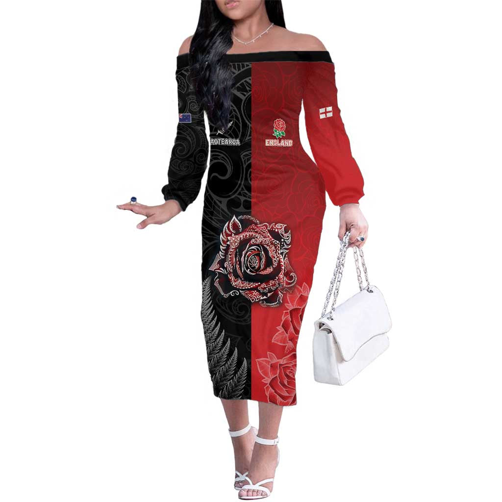 New Zealand And England Rugby Custom Family Matching Off The Shoulder Long Sleeve Dress and Hawaiian Shirt Red Rose Mix Maori Pattern - Wonder Print Shop