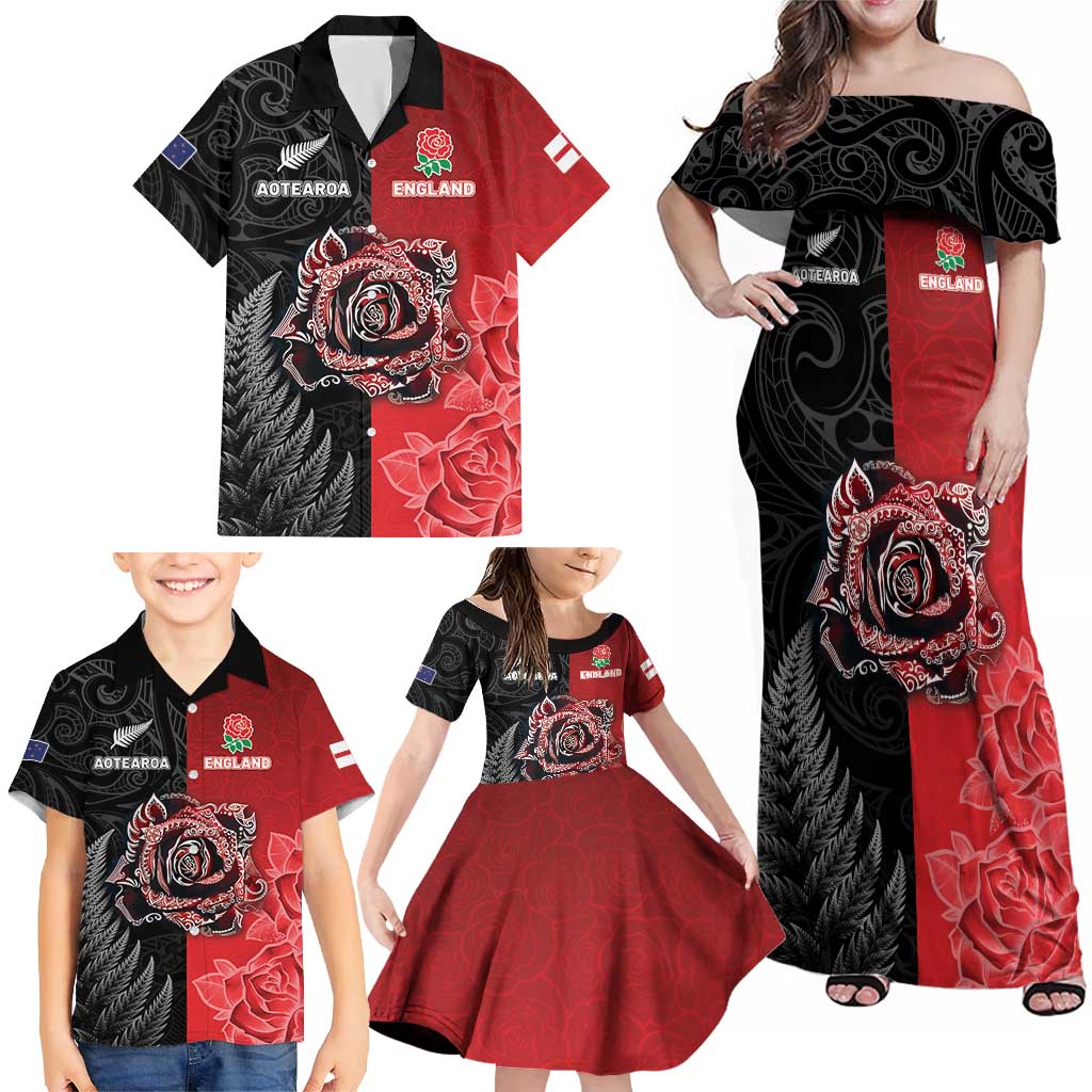 New Zealand And England Rugby Custom Family Matching Off Shoulder Maxi Dress and Hawaiian Shirt Red Rose Mix Maori Pattern - Wonder Print Shop