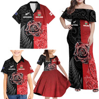 New Zealand And England Rugby Custom Family Matching Off Shoulder Maxi Dress and Hawaiian Shirt Red Rose Mix Maori Pattern - Wonder Print Shop