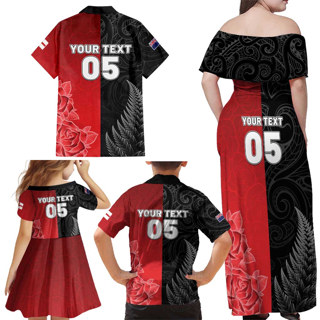 New Zealand And England Rugby Custom Family Matching Off Shoulder Maxi Dress and Hawaiian Shirt Red Rose Mix Maori Pattern - Wonder Print Shop