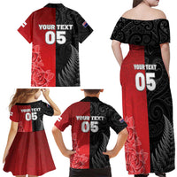 New Zealand And England Rugby Custom Family Matching Off Shoulder Maxi Dress and Hawaiian Shirt Red Rose Mix Maori Pattern - Wonder Print Shop