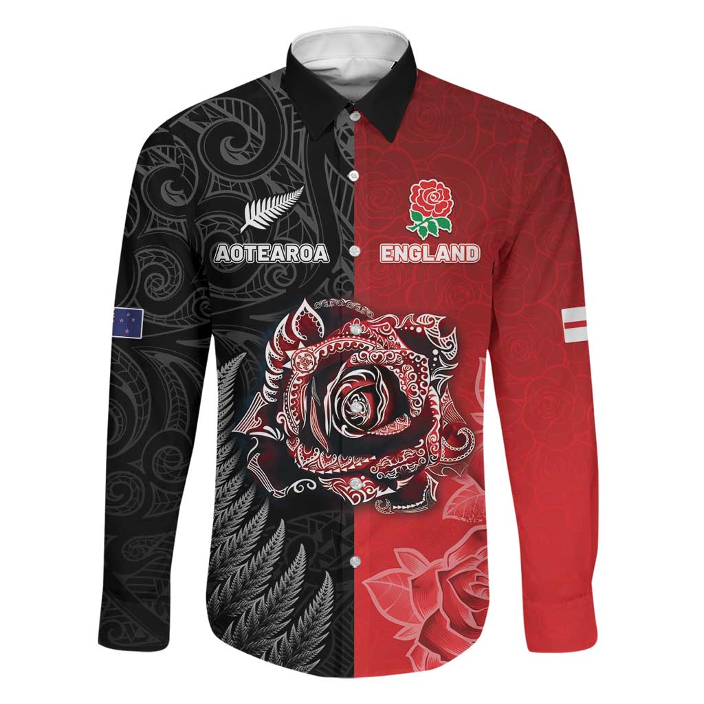 New Zealand And England Rugby Custom Family Matching Off Shoulder Maxi Dress and Hawaiian Shirt Red Rose Mix Maori Pattern - Wonder Print Shop