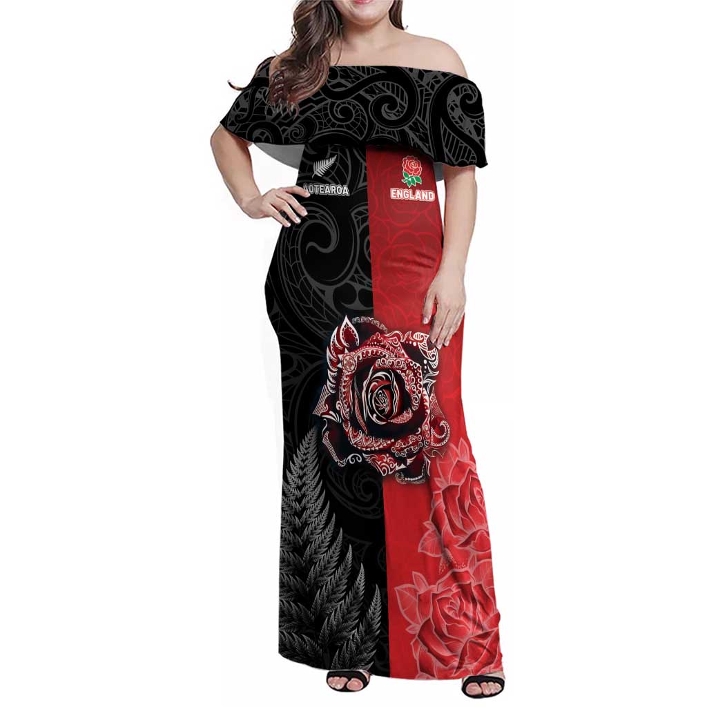 New Zealand And England Rugby Custom Family Matching Off Shoulder Maxi Dress and Hawaiian Shirt Red Rose Mix Maori Pattern - Wonder Print Shop