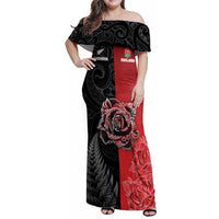 New Zealand And England Rugby Custom Family Matching Off Shoulder Maxi Dress and Hawaiian Shirt Red Rose Mix Maori Pattern - Wonder Print Shop