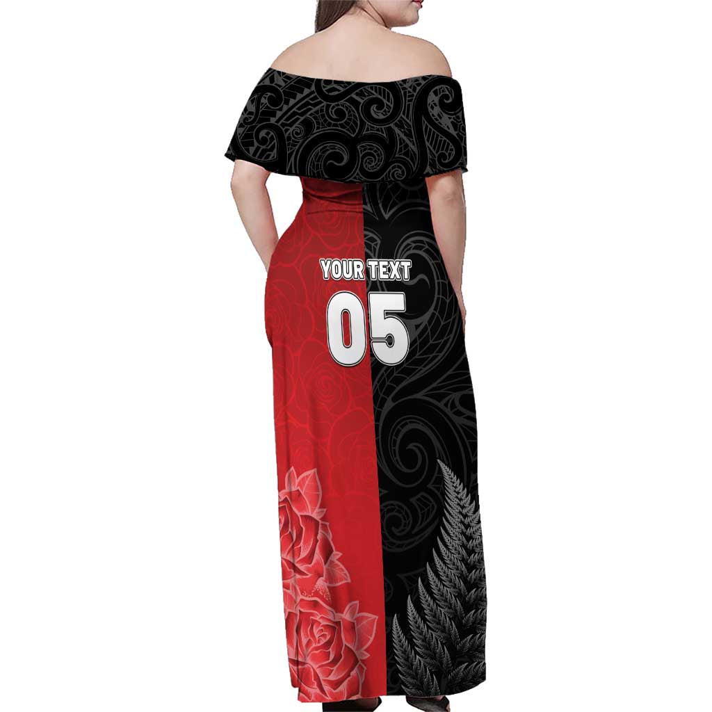 New Zealand And England Rugby Custom Family Matching Off Shoulder Maxi Dress and Hawaiian Shirt Red Rose Mix Maori Pattern - Wonder Print Shop
