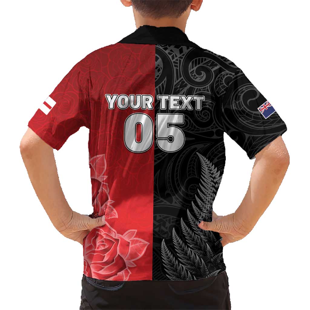 New Zealand And England Rugby Custom Family Matching Off Shoulder Short Dress and Hawaiian Shirt Red Rose Mix Maori Pattern - Wonder Print Shop