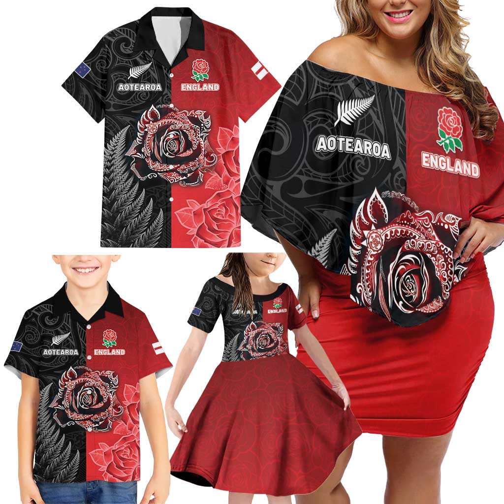 New Zealand And England Rugby Custom Family Matching Off Shoulder Short Dress and Hawaiian Shirt Red Rose Mix Maori Pattern - Wonder Print Shop