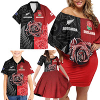 New Zealand And England Rugby Custom Family Matching Off Shoulder Short Dress and Hawaiian Shirt Red Rose Mix Maori Pattern - Wonder Print Shop