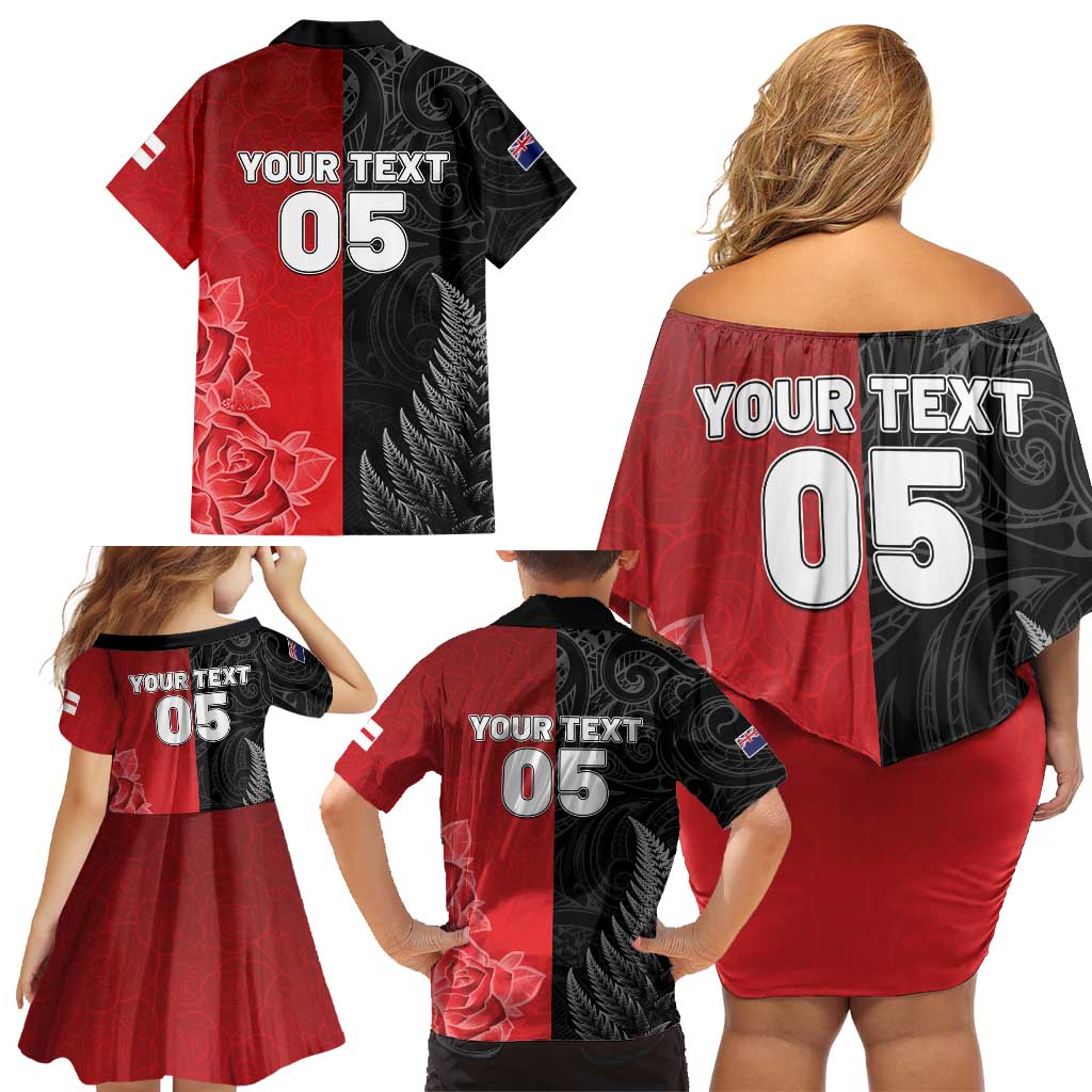 New Zealand And England Rugby Custom Family Matching Off Shoulder Short Dress and Hawaiian Shirt Red Rose Mix Maori Pattern - Wonder Print Shop