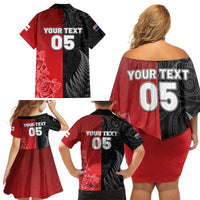 New Zealand And England Rugby Custom Family Matching Off Shoulder Short Dress and Hawaiian Shirt Red Rose Mix Maori Pattern - Wonder Print Shop