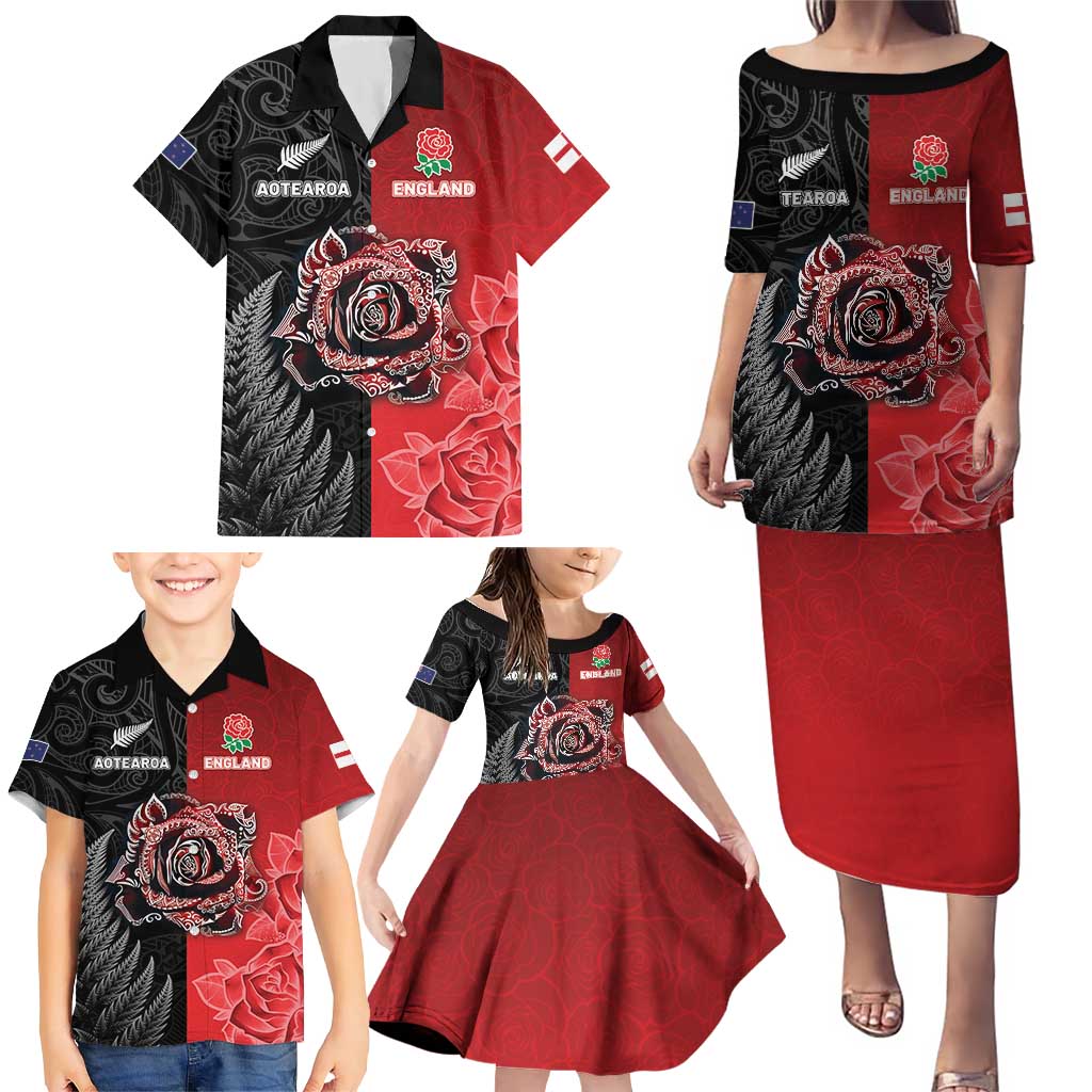 New Zealand And England Rugby Custom Family Matching Puletasi and Hawaiian Shirt Red Rose Mix Maori Pattern - Wonder Print Shop