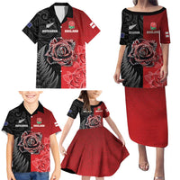 New Zealand And England Rugby Custom Family Matching Puletasi and Hawaiian Shirt Red Rose Mix Maori Pattern - Wonder Print Shop