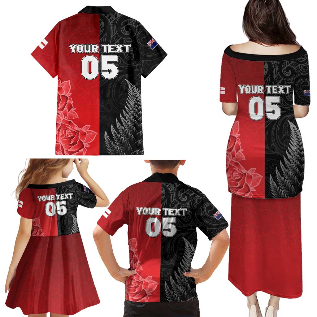 New Zealand And England Rugby Custom Family Matching Puletasi and Hawaiian Shirt Red Rose Mix Maori Pattern - Wonder Print Shop