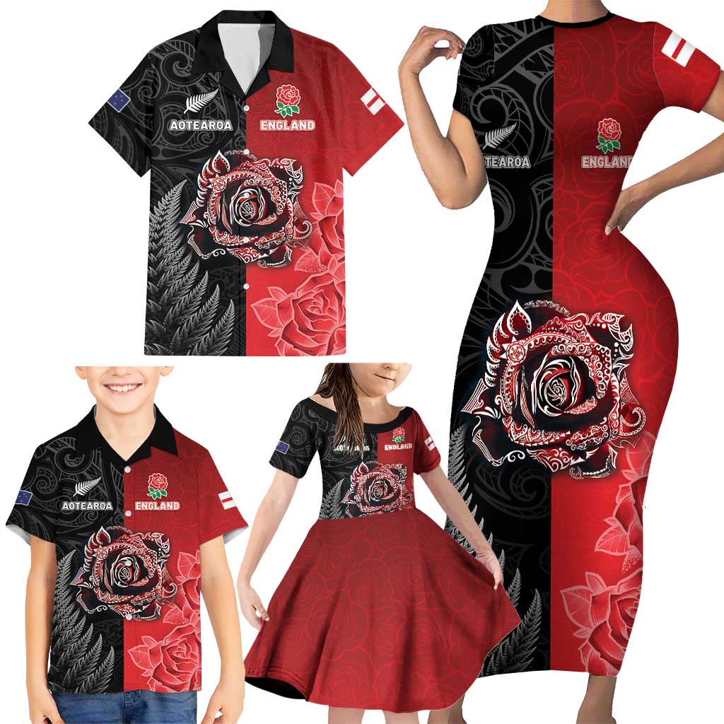 New Zealand And England Rugby Custom Family Matching Short Sleeve Bodycon Dress and Hawaiian Shirt Red Rose Mix Maori Pattern - Wonder Print Shop