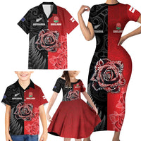 New Zealand And England Rugby Custom Family Matching Short Sleeve Bodycon Dress and Hawaiian Shirt Red Rose Mix Maori Pattern - Wonder Print Shop
