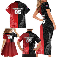 New Zealand And England Rugby Custom Family Matching Short Sleeve Bodycon Dress and Hawaiian Shirt Red Rose Mix Maori Pattern - Wonder Print Shop