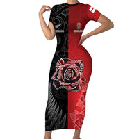 New Zealand And England Rugby Custom Family Matching Short Sleeve Bodycon Dress and Hawaiian Shirt Red Rose Mix Maori Pattern - Wonder Print Shop