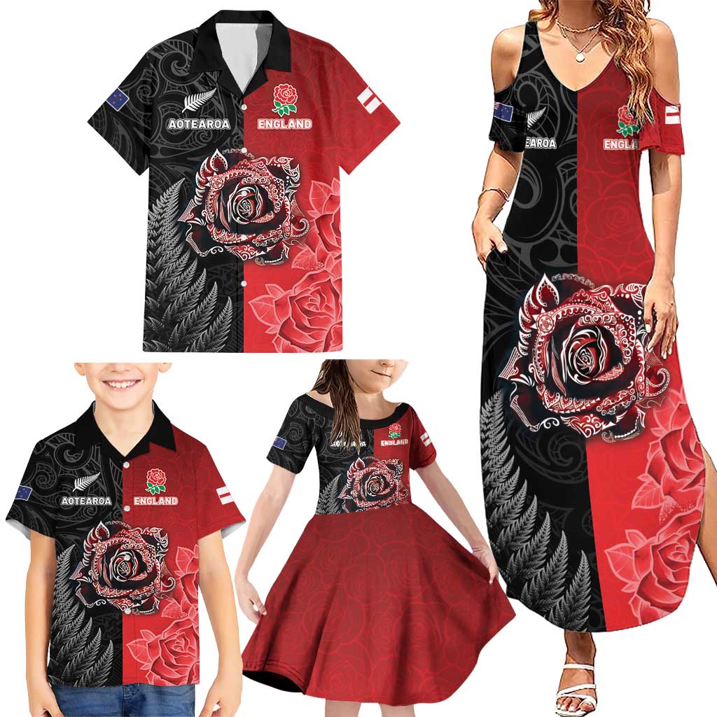 New Zealand And England Rugby Custom Family Matching Summer Maxi Dress and Hawaiian Shirt Red Rose Mix Maori Pattern - Wonder Print Shop