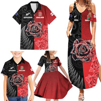 New Zealand And England Rugby Custom Family Matching Summer Maxi Dress and Hawaiian Shirt Red Rose Mix Maori Pattern - Wonder Print Shop
