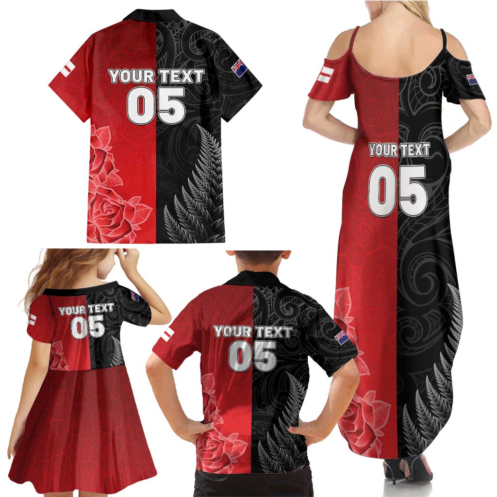 New Zealand And England Rugby Custom Family Matching Summer Maxi Dress and Hawaiian Shirt Red Rose Mix Maori Pattern - Wonder Print Shop