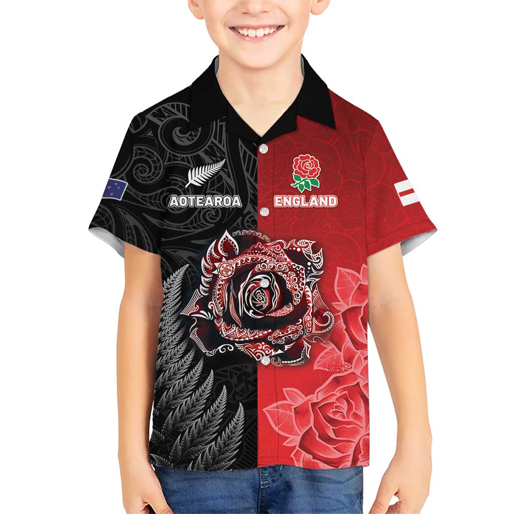 New Zealand And England Rugby Custom Family Matching Summer Maxi Dress and Hawaiian Shirt Red Rose Mix Maori Pattern - Wonder Print Shop