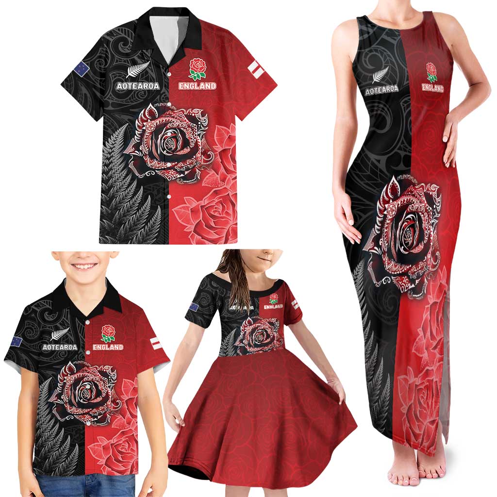 New Zealand And England Rugby Custom Family Matching Tank Maxi Dress and Hawaiian Shirt Red Rose Mix Maori Pattern - Wonder Print Shop