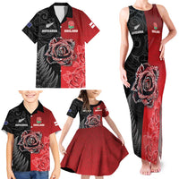 New Zealand And England Rugby Custom Family Matching Tank Maxi Dress and Hawaiian Shirt Red Rose Mix Maori Pattern - Wonder Print Shop