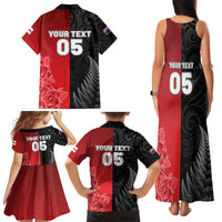 New Zealand And England Rugby Custom Family Matching Tank Maxi Dress and Hawaiian Shirt Red Rose Mix Maori Pattern - Wonder Print Shop