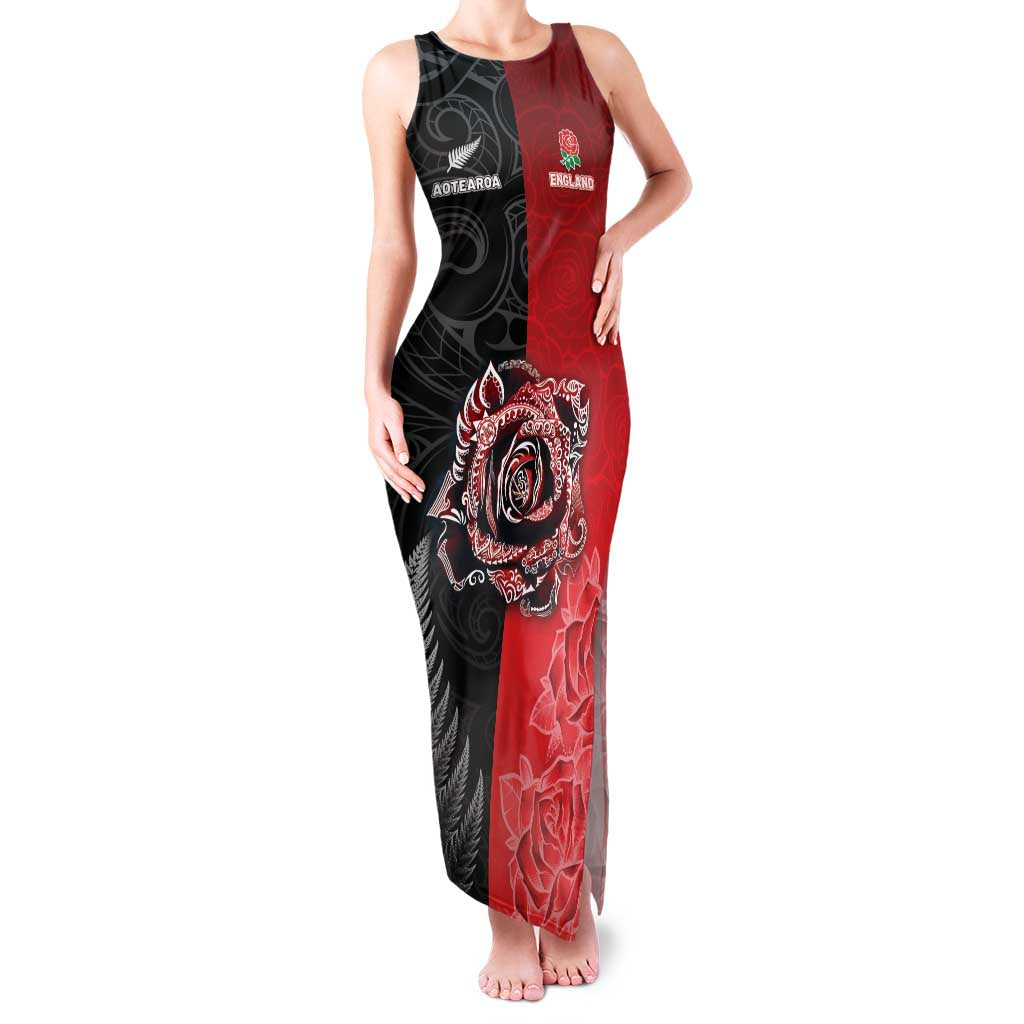 New Zealand And England Rugby Custom Family Matching Tank Maxi Dress and Hawaiian Shirt Red Rose Mix Maori Pattern - Wonder Print Shop