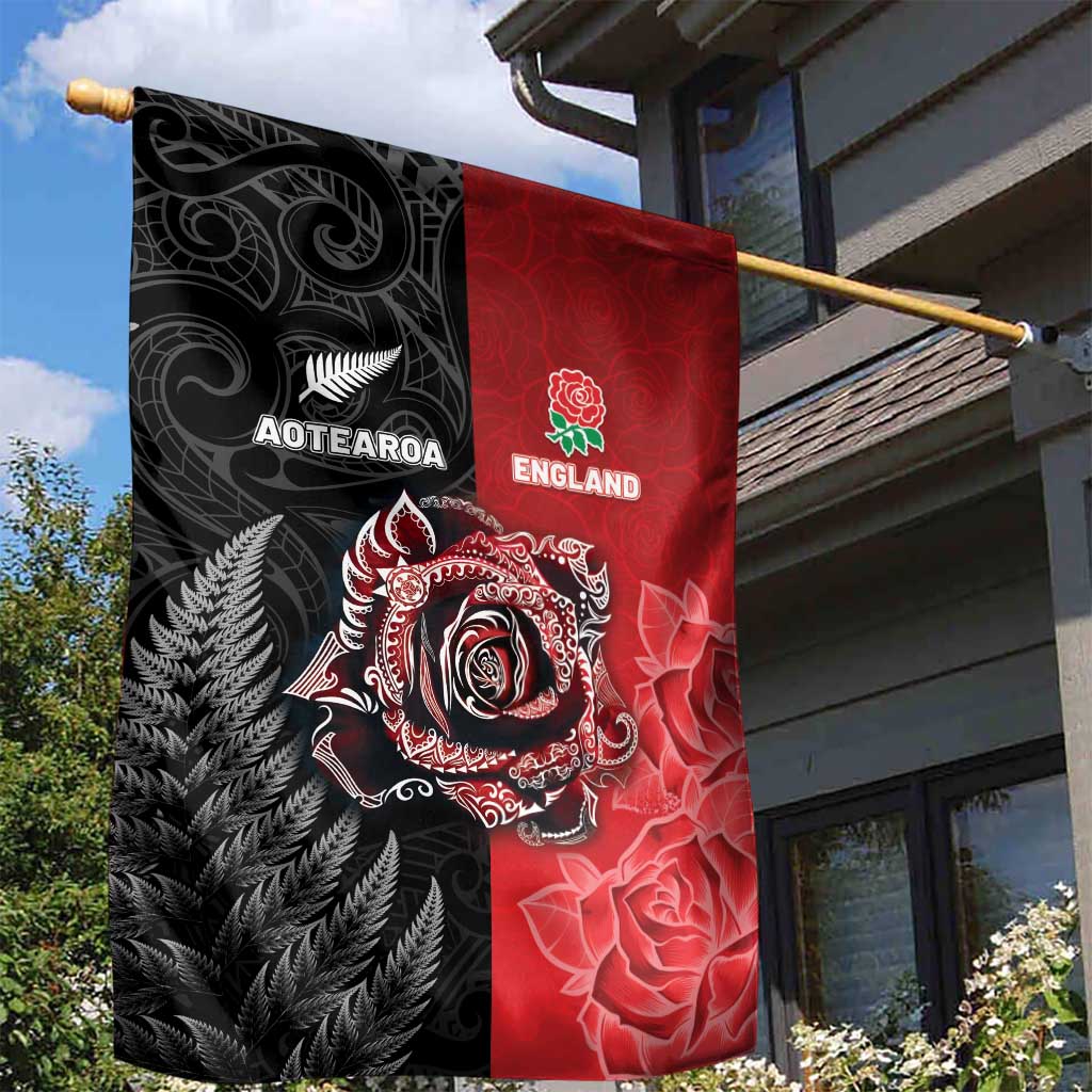 New Zealand And England Rugby Garden Flag Red Rose Mix Maori Pattern - Wonder Print Shop