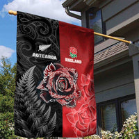 New Zealand And England Rugby Garden Flag Red Rose Mix Maori Pattern - Wonder Print Shop