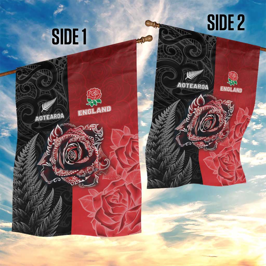 New Zealand And England Rugby Garden Flag Red Rose Mix Maori Pattern - Wonder Print Shop