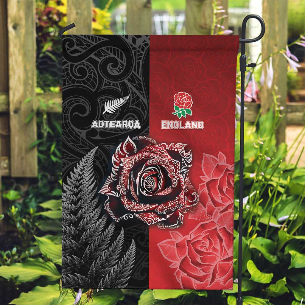 New Zealand And England Rugby Garden Flag Red Rose Mix Maori Pattern - Wonder Print Shop