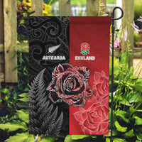 New Zealand And England Rugby Garden Flag Red Rose Mix Maori Pattern - Wonder Print Shop