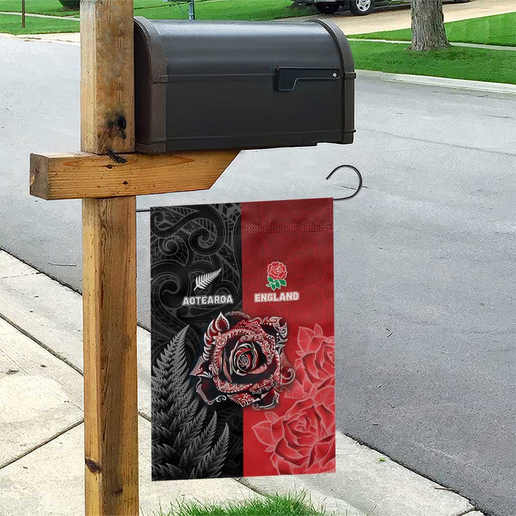 New Zealand And England Rugby Garden Flag Red Rose Mix Maori Pattern - Wonder Print Shop