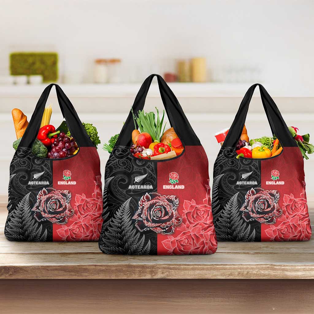 New Zealand And England Rugby Grocery Bag Red Rose Mix Maori Pattern - Wonder Print Shop