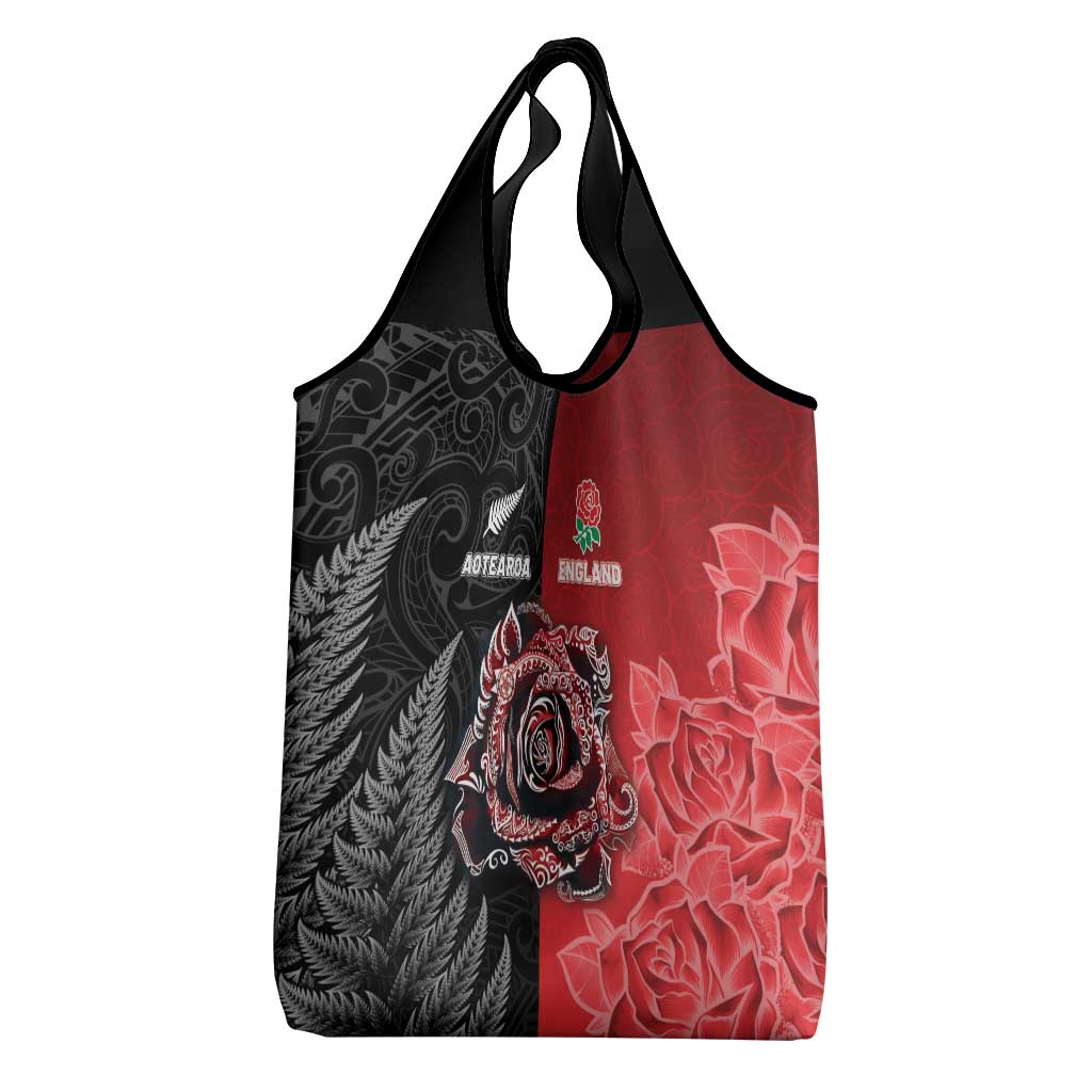 New Zealand And England Rugby Grocery Bag Red Rose Mix Maori Pattern - Wonder Print Shop